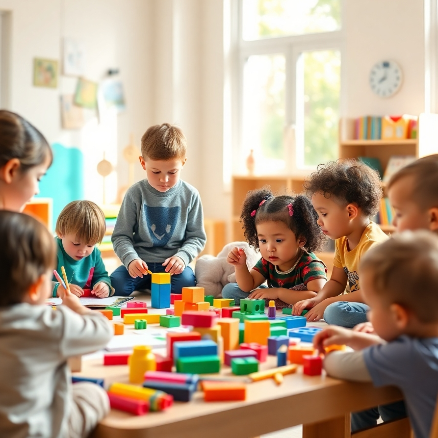 A diverse group of young children engaged in various activities like painting, building blocks, and storytelling in a bright, colorful early childhood education classroom. Natural light streaming through large windows, with educational toys and books around, creating a warm and inviting atmosphere.
